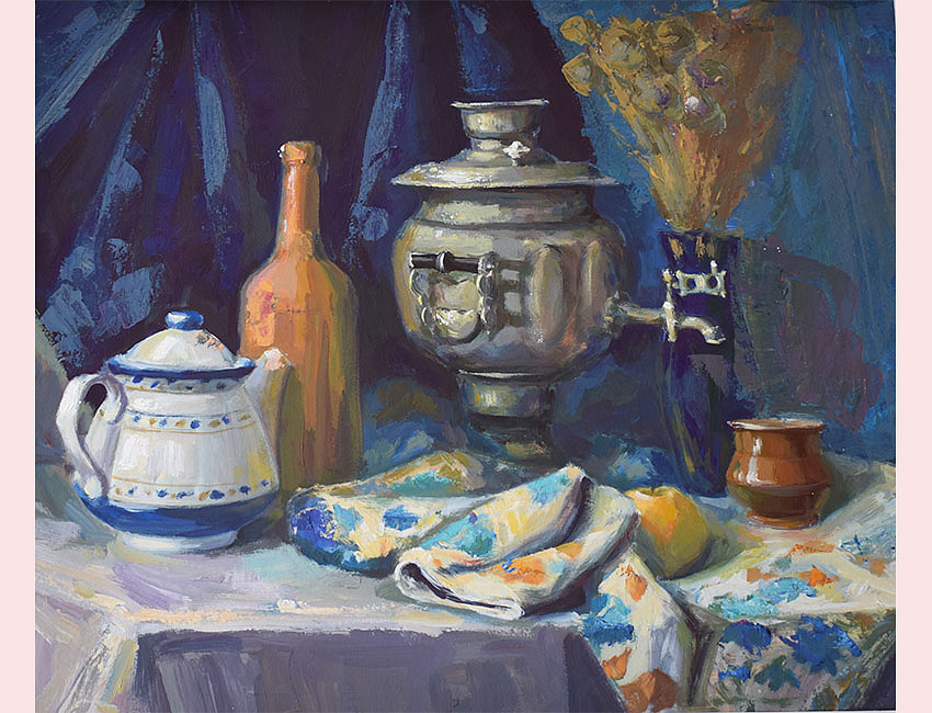 А.А. Борисова. Натюрморт с самоваром. Бумага, гуашь, 2019 г.