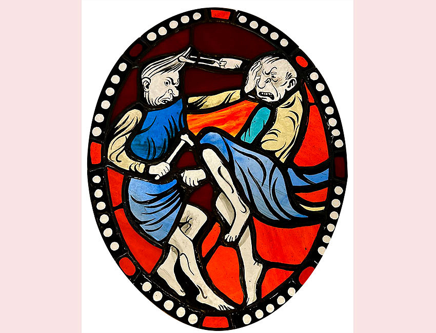 А. А. Борисова. Копия средневекового витража. Драка мастеровых. Цветное стекло, 2022 г.